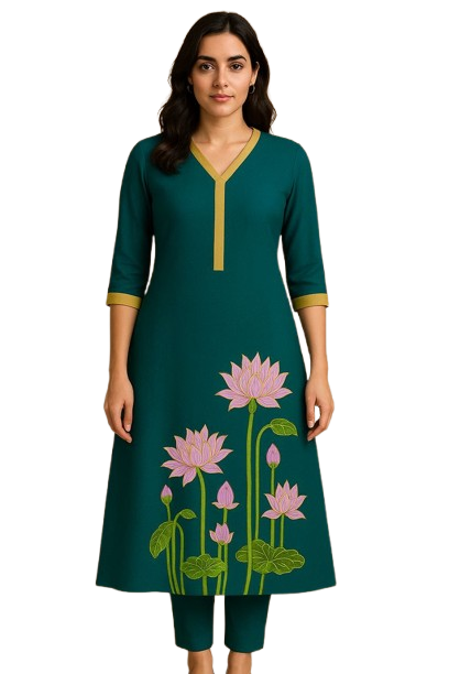 Woman wearing a teal tunic with lotus flower embroidery and matching pants.